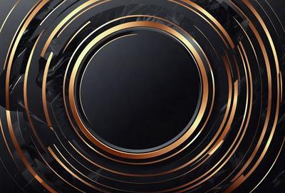 The primary subject of the image is a black circle with a gold rim. The circle is placed on a black background, giving it a contrasting appearance. The visual style of the image is a combination of digital art and illustration, creating a unique and eye-catching design. The colors and mood of the image are predominantly black and gold, giving it a sophisticated and elegant appearance.