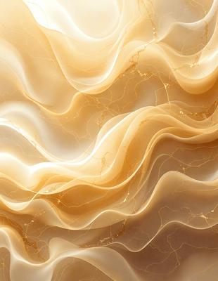 The primary subject of the image is a large, intricate, and colorful wallpaper design. The setting is a wall, and the visual style is a combination of photo and digital art. The dominant colors are gold and white, creating a warm and inviting atmosphere. The wallpaper design features a pattern of swirls and waves, giving the impression of a flowing, dynamic surface.