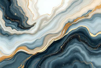 The primary subject of the image is a blue and gold marbled stone. The setting is a white background, which contrasts with the blue and gold marbled stone. The visual style is a close-up of the marbled stone, showcasing its intricate patterns and colors. The dominant colors are blue and gold, creating a luxurious and elegant atmosphere.