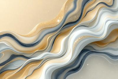The primary subject of the image is a colorful, abstract design featuring a mix of gold, white, and blue colors. The setting is a white background, which provides a clean and minimalist appearance. The visual style is a combination of digital art and illustration, creating a unique and eye-catching pattern. The dominant colors in the image are gold, white, and blue, which contribute to a warm and inviting atmosphere.