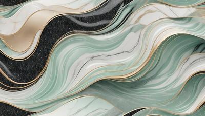 The primary subject of the image is a marble-like pattern, which is a digital artwork. The setting is a black background, and the visual style is a combination of digital art and illustration. The dominant colors in the image are green and blue, creating a calming and serene atmosphere.