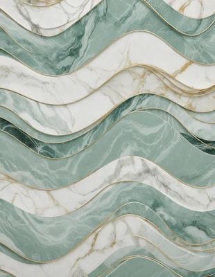 The primary subject of the image is a marble wall with a wave pattern. The setting is a bathroom, and the visual style is a photo. The dominant colors are green and white, creating a calm and soothing atmosphere.