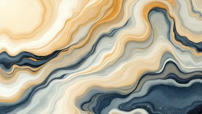 The primary subject of the image is a close-up of a marble tile with a patterned design. The setting is a room with a marble floor, and the visual style is a combination of a photo and digital art. The colors and mood of the image are predominantly blue and gray, creating a calm and sophisticated atmosphere.