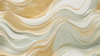 The primary subject of the image is a large, curved, and wavy piece of artwork, possibly a painting or a sculpture. The artwork is displayed on a white wall, which serves as the setting and background. The visual style of the image is a combination of photo and digital art, creating a unique and intriguing appearance. The colors and mood of the artwork are predominantly white and gold, giving it a warm and elegant atmosphere.