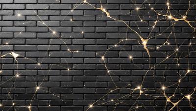 The primary subject of the image is a brick wall with a pattern of gold lines or streaks on it. The setting is a black brick wall, and the visual style appears to be a combination of a photo and digital art. The colors and mood of the image are predominantly black and gold, creating a striking and elegant appearance.