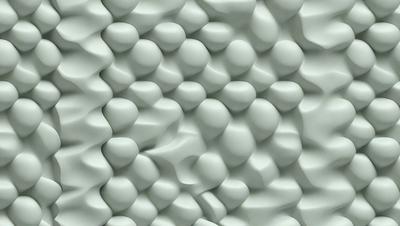 The primary subject of the image is a large, white, curved wall with a pattern of white balls on it. The setting is a room with a white background, and the visual style appears to be a combination of a photo and digital art. The dominant colors are white, and the overall atmosphere is clean and modern.