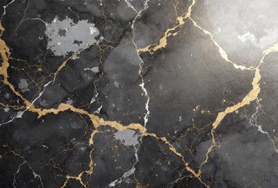 The primary subject of the image is a marble-like surface with gold accents. The setting is a black and gold marble wall, which serves as the background. The visual style is a combination of photo and digital art, creating a unique and intricate pattern. The colors and mood of the image are predominantly black and gold, giving it a luxurious and elegant appearance.