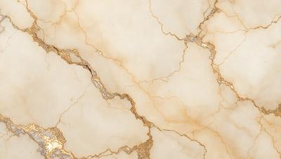 The image features a marble-like surface with a gold-like pattern. The primary subject is a close-up of the marble, showcasing its unique texture and design. The setting is a room with a white background, which highlights the marble's beauty. The visual style is a combination of realism and artistic expression, as the marble appears to be a piece of art rather than a natural stone. The colors and mood of the image are warm and inviting, with the gold-like pattern adding