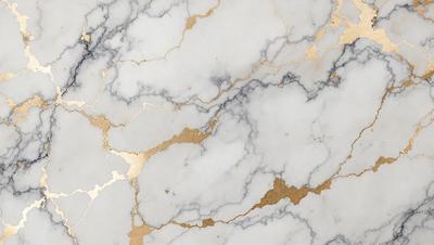 The primary subject of the image is a marble surface with gold accents. The setting is a marble countertop, and the visual style is a close-up of the marble surface. The colors and mood of the image are predominantly white and gold, giving it a luxurious and elegant appearance.