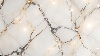 The primary subject of the image is a marble countertop with a gold-colored vein running through it. The setting is a kitchen, and the visual style is a close-up of the marble countertop. The colors and mood of the image are predominantly white and gold, giving it a luxurious and elegant appearance.