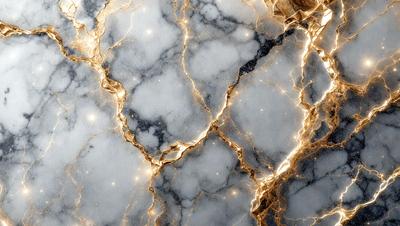 The primary subject of the image is a marble surface with gold accents. The setting is a room with a marble wall, and the visual style is a combination of photo and digital art. The dominant colors are gold and white, creating a luxurious and elegant atmosphere.