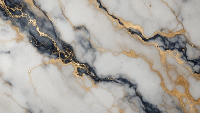 The primary subject of the image is a marble countertop with a gold-colored vein running through it. The setting is a kitchen, and the visual style is a close-up of the marble countertop. The colors and mood of the image are predominantly white and gold, giving it a luxurious and elegant appearance.