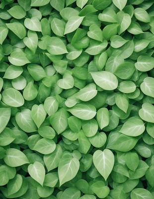 The primary subject of the image is a large, lush green plant with many leaves. The plant is growing on a surface that appears to be a patterned background, possibly a wallpaper or a textured surface. The visual style of the image is a close-up of the plant, showcasing its intricate details and textures. The colors and mood of the image are predominantly green, creating a sense of freshness and vitality.