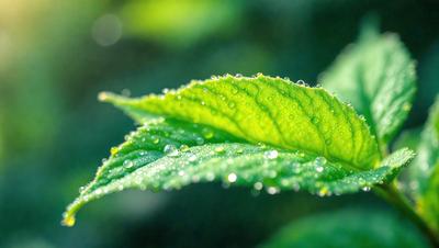 The primary subject of the image is a leaf with water droplets on it. The leaf is green and appears to be a part of a plant. The setting is outdoors, with the leaf being in the foreground. The visual style is a close-up of the leaf, capturing the details of the water droplets. The colors are predominantly green, and the overall atmosphere is serene and natural.