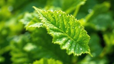 The primary subject of the image is a leaf with water droplets on it. The leaf is green and appears to be a part of a plant. The setting is outdoors, with the leaf being in the foreground. The visual style is a close-up of the leaf, showcasing the water droplets on it. The colors are predominantly green, and the overall atmosphere is serene and natural.