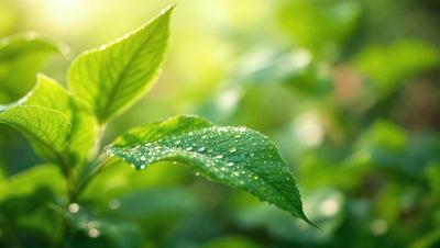 The primary subject of the image is a leaf with water droplets on it. The leaf is green and appears to be in a natural setting, possibly in a forest. The visual style of the image is a close-up of the leaf, showcasing the water droplets on its surface. The colors in the image are predominantly green, with the water droplets adding a touch of blue. The overall atmosphere of the image is serene and peaceful, as it captures the beauty of nature.