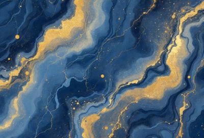 The primary subject of the image is a blue and gold painting featuring a swirling design. The setting is a blue and gold background, which complements the artwork. The visual style is a painting, showcasing the artist's skill in creating a vibrant and captivating piece. The colors and mood of the painting are predominantly blue and gold, creating a sense of depth and richness.