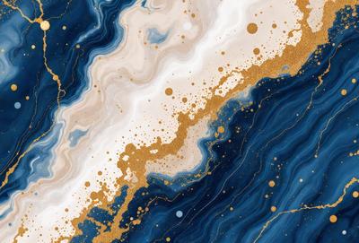 The primary subject of the image is a painting featuring a blue and gold color scheme. The setting is a blue and white background, and the visual style appears to be a combination of digital art and illustration. The painting showcases a variety of gold and blue colors, creating a rich and vibrant atmosphere.