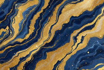 The primary subject of the image is a blue and gold marbled pattern. The setting is a blue and gold marbled surface, which serves as the background. The visual style is a combination of photo and digital art, creating a unique and intricate design. The dominant colors are blue and gold, giving the image a rich and luxurious appearance.