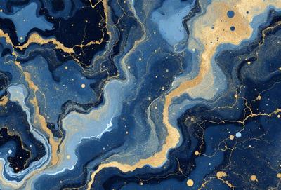 The primary subject of the image is a blue and gold painting, featuring a swirling design with gold accents. The setting is a blue background, which complements the colors of the painting. The visual style is a combination of artistic expression and digital art, creating a unique and captivating piece. The dominant colors are blue and gold, giving the painting a rich and vibrant atmosphere.