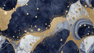 The primary subject of the image is a blue marble surface with gold and white accents. The setting is a blue and white marble wall, and the visual style is a combination of digital art and illustration. The dominant colors are blue, gold, and white, creating a serene and elegant atmosphere.