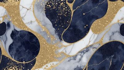 The primary subject of the image is a marble-like surface with gold and blue accents. The setting is a blue and white marble-like surface, which serves as the background. The visual style is a combination of digital art and illustration, creating a unique and intricate design. The dominant colors are gold, blue, and white, giving the image a luxurious and elegant appearance.