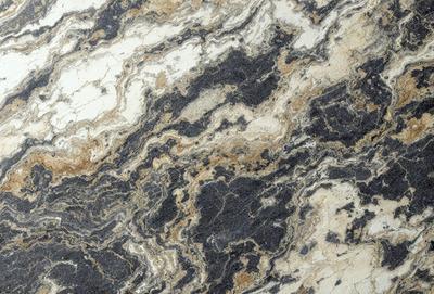 The primary subject of the image is a marble-like stone with a patterned texture. The setting is a stone countertop, and the visual style is a close-up of the stone. The colors and mood of the image are predominantly dark, with a focus on the intricate patterns and textures of the stone.