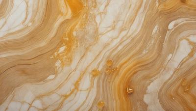 The primary subject of the image is a marble countertop with a patterned design. The setting is a kitchen, and the visual style is a photo. The countertop has a warm, earthy color palette, with a mix of yellow, orange, and brown hues. The overall atmosphere is elegant and sophisticated, reflecting the natural beauty of the marble material.