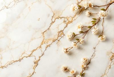 The primary subject of the image is a close-up of a flower arrangement on a marble countertop. The setting is a white marble countertop, which serves as the background. The visual style is a photo, capturing the details of the flower arrangement. The colors in the image are predominantly white, with the flowers adding a touch of color. The overall atmosphere is elegant and sophisticated, as the marble countertop and flower arrangement create a sense of luxury and refinement.