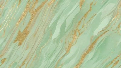 The primary subject of the image is a green and gold marbled wallpaper. The setting is a wall with a patterned design, and the visual style is a close-up of the wallpaper. The dominant colors are green and gold, creating a warm and inviting atmosphere.