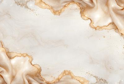 The primary subject of the image is a white surface with a pattern of gold and brown streaks. The setting appears to be a white marble table, and the visual style is a combination of digital art and illustration. The dominant colors are white, gold, and brown, creating a warm and elegant atmosphere.
