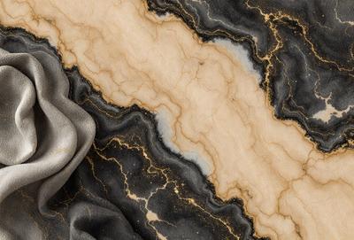 The primary subject of the image is a marble countertop with a gold-colored vein running through it. The setting is a kitchen, with the marble countertop being the main focus of the scene. The visual style is a close-up of the marble countertop, showcasing its unique and luxurious appearance. The colors and mood of the image are predominantly neutral, with the gold vein adding a touch of warmth and sophistication to the overall atmosphere.