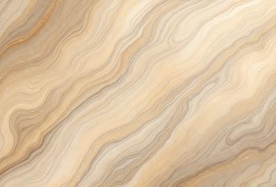 The primary subject of the image is a close-up of a marble countertop with a unique, swirling pattern. The setting is a kitchen or bathroom counter, and the visual style is a realistic, natural-looking surface. The colors and mood of the image are predominantly neutral, with a touch of warmth from the marble's natural hues.