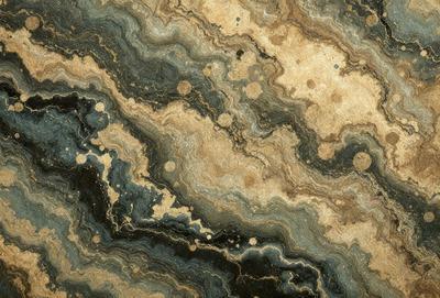The primary subject of the image is a close-up of a marble stone with a pattern of swirls and dots. The setting is a natural environment, possibly a stone wall or a countertop. The visual style is a close-up of the marble, showcasing its intricate texture and patterns. The colors and mood of the image are predominantly dark, with the marble stone being the main focus.