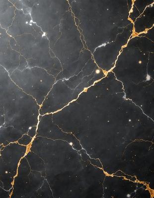 The primary subject of the image is a black and gold marble wall. The setting is a dark room, and the visual style is a close-up of the marble wall. The colors and mood of the image are dark and moody, with the gold and black marble creating a striking contrast against the black background.