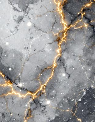The primary subject of the image is a close-up of a marble surface with a yellow streak running through it. The setting is a dark room, and the visual style appears to be a combination of a photo and digital art. The dominant colors are black and yellow, creating a moody atmosphere.