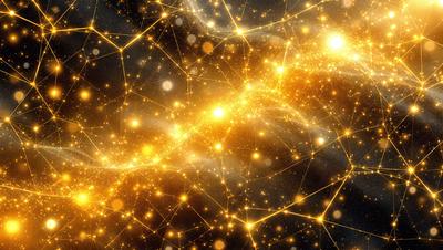 The primary subject of the image is a brightly lit, golden, and swirling pattern. The setting is a black background, which contrasts with the vibrant colors of the pattern. The visual style appears to be a combination of digital art and illustration, creating a dynamic and captivating scene. The dominant colors are gold and yellow, giving the image a warm and inviting atmosphere.