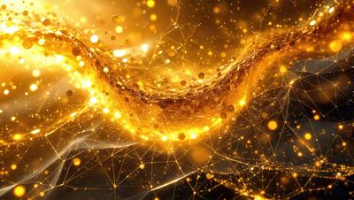 The primary subject of the image is a brightly colored, swirling pattern that resembles a golden, flowing substance. The setting is a dark background, which contrasts with the vibrant colors of the pattern. The visual style appears to be a combination of digital art and illustration, creating a dynamic and eye-catching scene. The colors and mood of the image are predominantly warm and inviting, with the golden hues evoking a sense of luxury and sophistication.