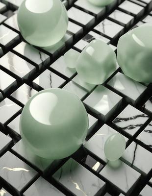 The primary subject of the image is a marble table with a pattern of green balls and white squares. The setting is a black and white marble table, which gives the image a classic and elegant appearance. The visual style is a combination of photo and digital art, creating a unique and intriguing pattern. The colors and mood of the image are predominantly black and white, with the green balls adding a touch of vibrancy and contrast.