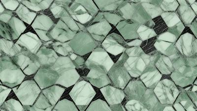 The primary subject of the image is a green and white marble tile with a geometric pattern. The setting is a wall, and the visual style is a close-up of the tile. The colors and mood of the image are predominantly green and white, creating a clean and elegant appearance.