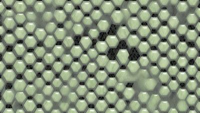 The primary subject of the image is a close-up of a green and white honeycomb pattern. The setting is a wall with a green and white honeycomb pattern. The visual style is a close-up of the honeycomb pattern, which gives a sense of depth and texture. The colors and mood of the image are predominantly green and white, creating a clean and fresh atmosphere.