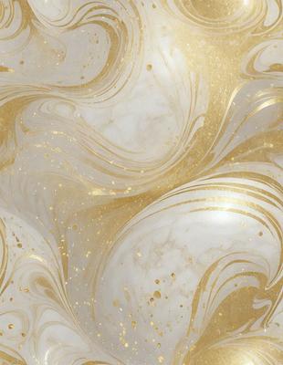 The primary subject of the image is a gold and white marbled wallpaper with a swirling pattern. The setting is a room with a white background, and the visual style is a close-up of the wallpaper. The dominant colors are gold and white, creating a luxurious and elegant atmosphere.