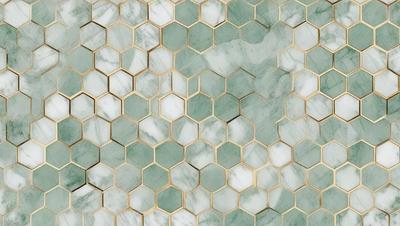 The primary subject of the image is a marble tile wall with a hexagonal pattern. The setting is a bathroom, and the visual style is a photo. The dominant colors are white and green, creating a clean and soothing atmosphere.