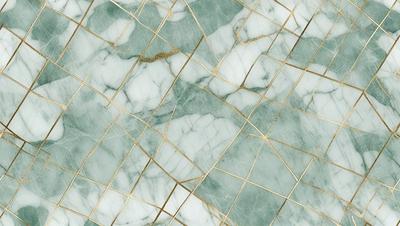 The primary subject of the image is a marble tile with a gold pattern. The setting is a marble wall, and the visual style is a close-up of the tile. The dominant colors are gold and marble, creating a luxurious and elegant atmosphere.