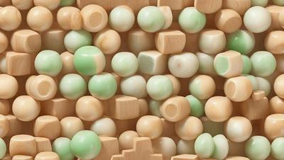 The primary subject of the image is a large collection of wooden beads, which are arranged in a visually appealing manner. The setting is a wooden wall, and the visual style is a combination of a photo and digital art. The colors and mood of the image are predominantly green, giving it a natural and calming atmosphere.