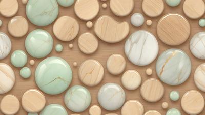 The primary subject of the image is a collection of marble-like beads or buttons, which are arranged in a visually appealing pattern. The setting is a wooden surface, possibly a table or a countertop. The visual style of the image is a combination of photo and digital art, creating a realistic yet artistic representation of the beads. The colors and mood of the image are predominantly neutral, with the marble-like beads being the main focus, and the wooden surface providing a natural and warm background
