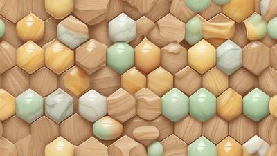 The primary subject of the image is a wooden wall with a pattern of hexagonal shapes. The setting is a room with a wooden floor, and the visual style is a combination of photo and digital art. The dominant colors are brown and green, creating a warm and natural atmosphere.