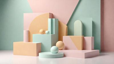 The primary subject of the image is a collection of geometric shapes, including cubes and spheres, arranged in various colors and sizes. The setting is a white background, which provides a clean and minimalist appearance. The visual style is a combination of digital art and illustration, creating a modern and artistic presentation. The dominant colors in the image are pink, blue, and white, which contribute to a warm and inviting atmosphere.