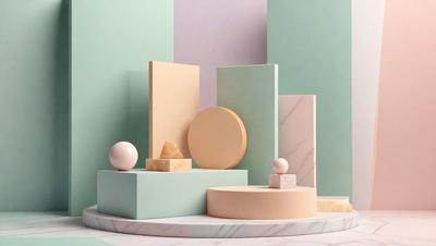 The primary subject of the image is a collection of variously shaped and colored objects, including a sphere, a cube, and a cylinder, all placed on a marble surface. The setting is a white and green room, which serves as the background for the objects. The visual style of the image is a combination of photo and digital art, creating a unique and intriguing display. The colors and mood of the scene are predominantly white and green, giving the image a clean and fresh appearance.