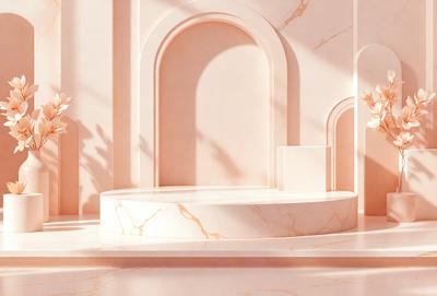 The primary subject of the image is a marble table, which is the main object in the scene. The table is situated in a room with a pink wall, giving the setting a warm and inviting atmosphere. The visual style of the image is a combination of photo and digital art, creating a realistic yet artistic representation of the scene. The colors and mood of the image are predominantly pink, which adds a sense of warmth and comfort to the overall atmosphere.